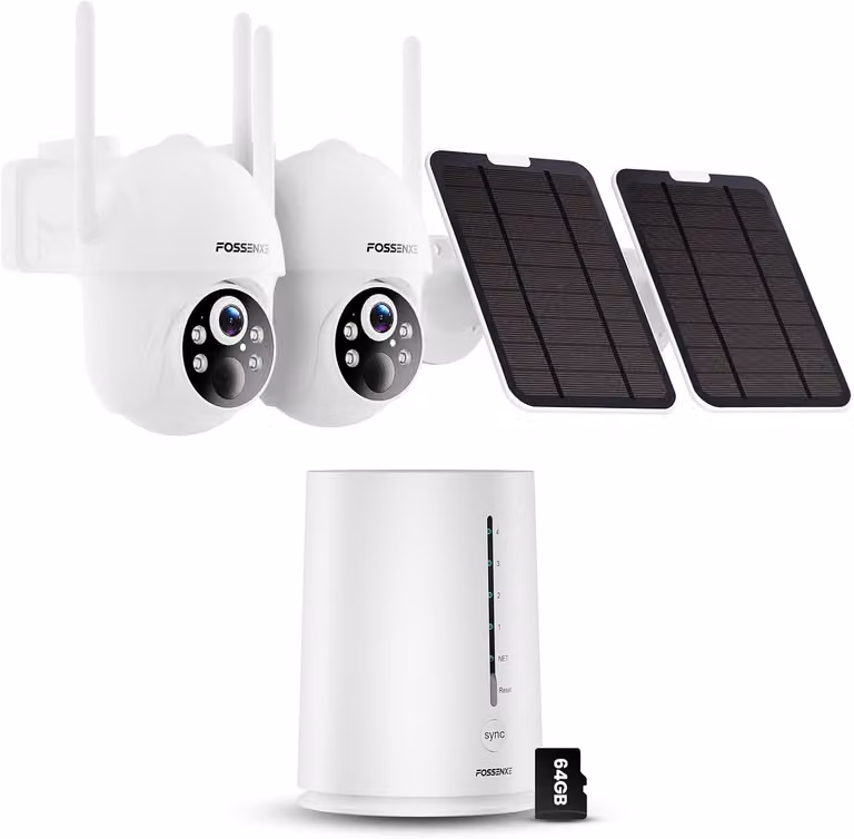Kit di due telecamere di sicurezza solari Wi-Fi da 4MP per esterni, marca FOSSENXE, con base stazione, panoramica a 360° con controllo PTZ, grado di protezione IP66 resistente agli agenti atmosferici e rilevamento del movimento tramite sensore PIR