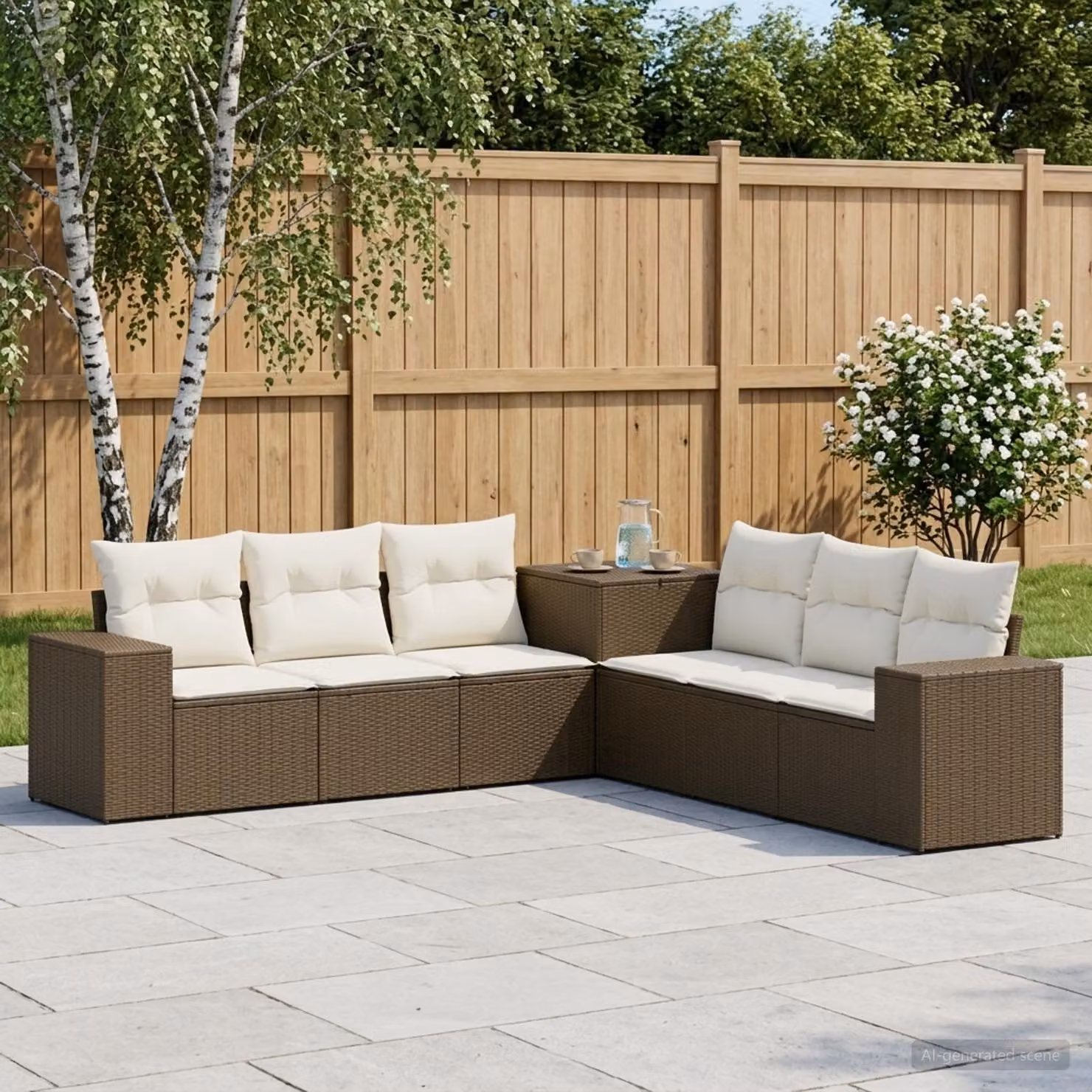 Set di divani da giardino vidaXL in polyrattan marrone e bianco crema con cuscini inclusi