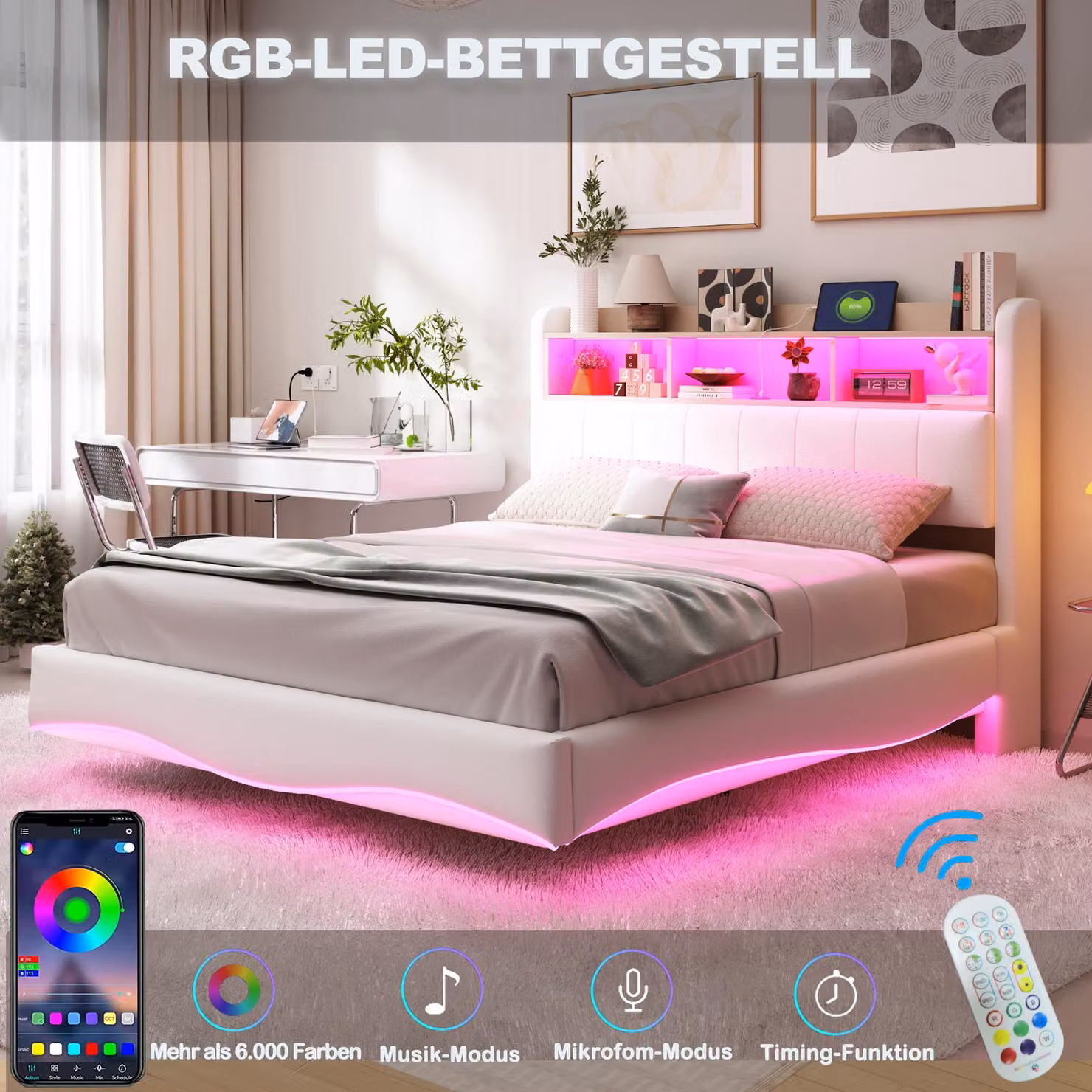 Letto imbottito sospeso Merax, 160x200 cm, con strisce LED e spazio contenitivo nella testiera. Letto a sospensione con struttura curva, corda, color beige