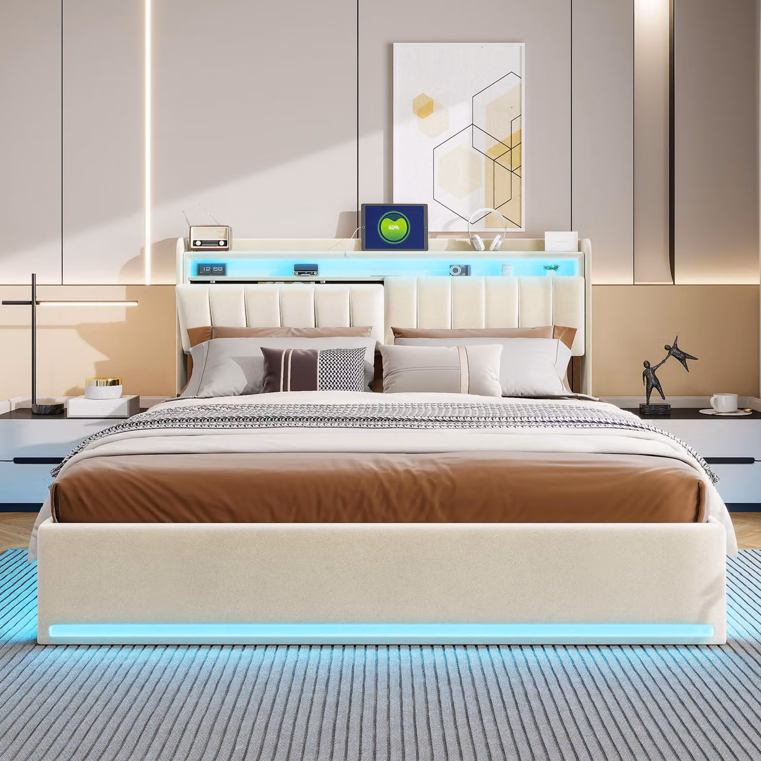 Letto imbottito Fortuna Lai 160x200 cm con illuminazione a LED e connessione USB, letto idraulico con ripiani a giorno e contenitore nascosto, letto matrimoniale con rete a doghe, letto imbottito in velluto per 2 persone