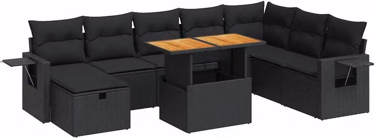 Set Divani da Giardino 9 pz con Cuscini Nero Polyrattan Acacia