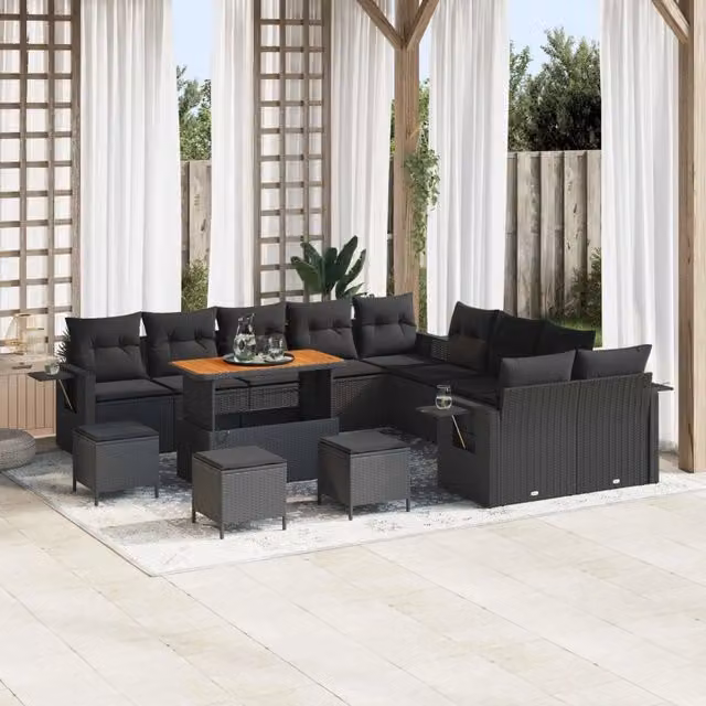 Set Divano da Giardino vidaXL a Forma a U in Polyrattan Nero con Cuscini e Tavolino da Esterno – 1