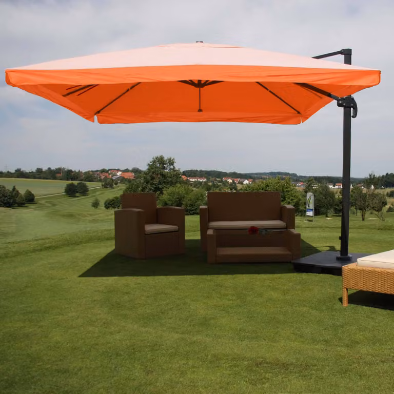 Ombrellone a sbalzo HWC-A96, ombrellone catering 3x3m (Ø4,24m) poliestere/alluminio 23kg ~ Flap, terracotta con supporto
