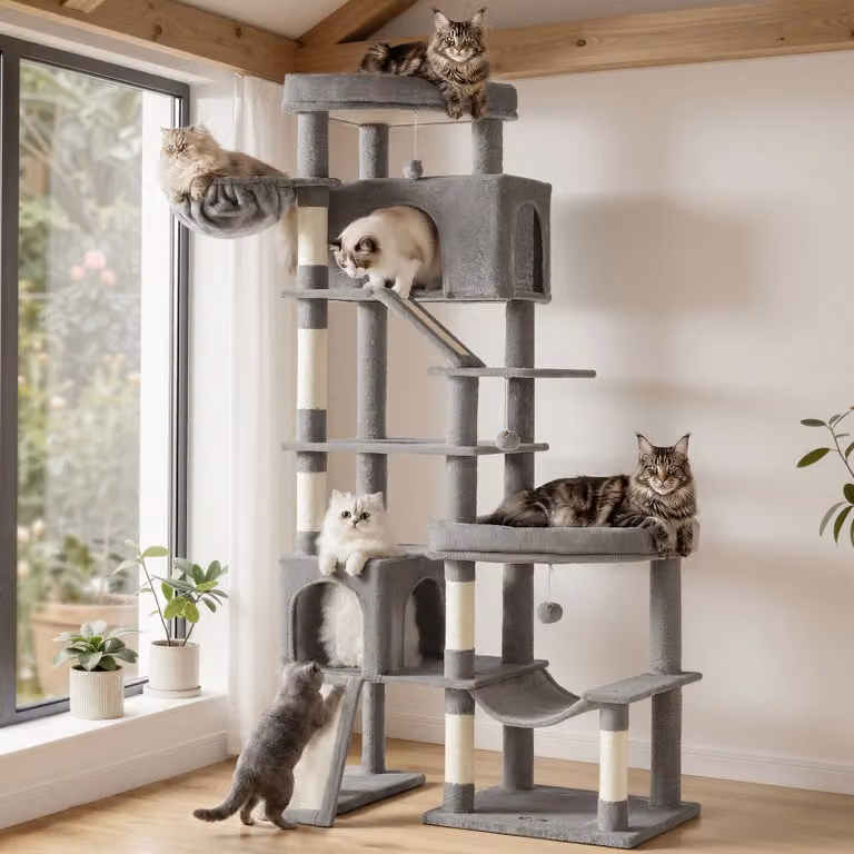 Albero tiragraffi per più gatti con sisal e aree di riposo, 133,5 x 67,5 x 202 cm / Grigio Tortora