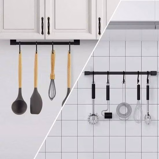 Portautensili da cucina con ganci a S - Appendino per pentole e padelle - Organizzatore di utensili da cucina a parete - Alluminio - Nero