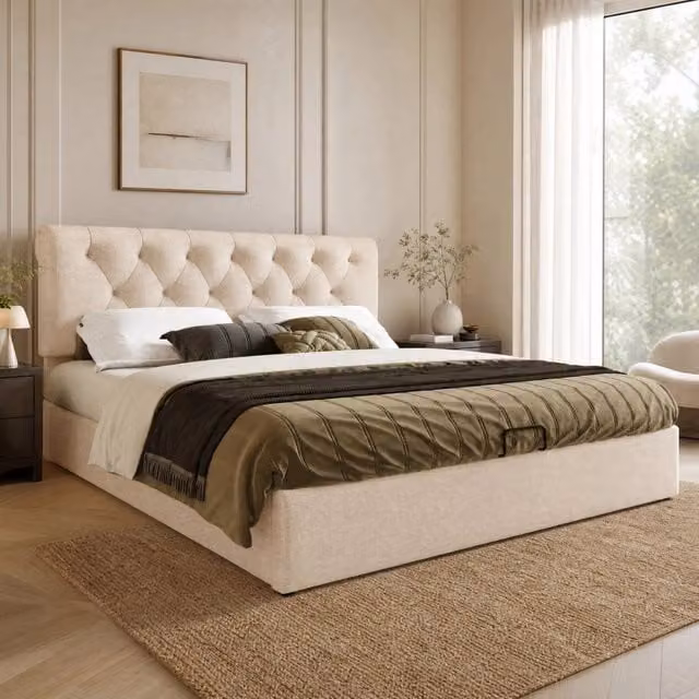 Letto matrimoniale contenitore 160 × 200 cm in lino naturale con testiera regolabile materasso incluso