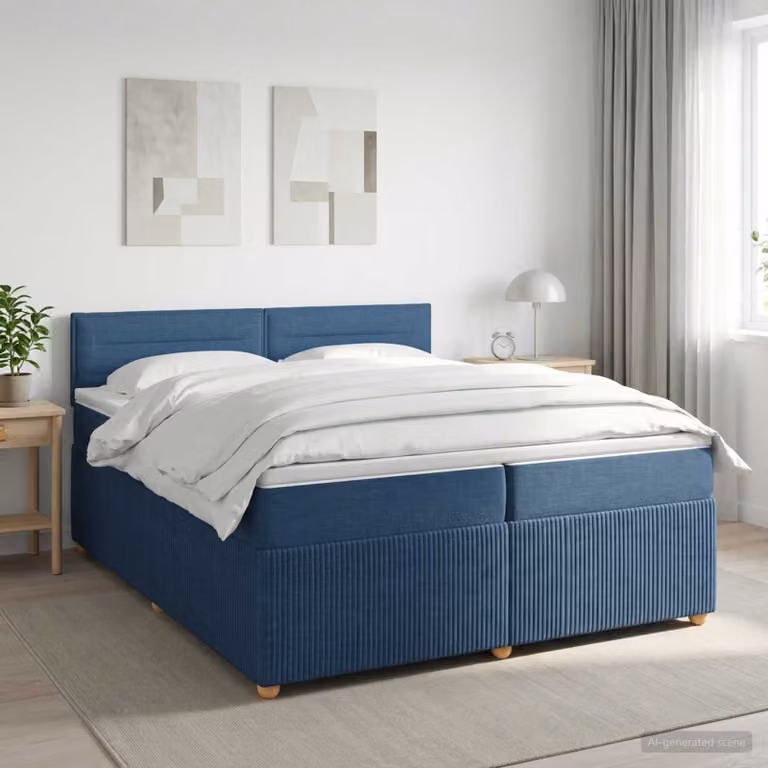 Letto box spring con materasso vidaXL in tessuto blu e bianco, L/P: 200 x 200 cm