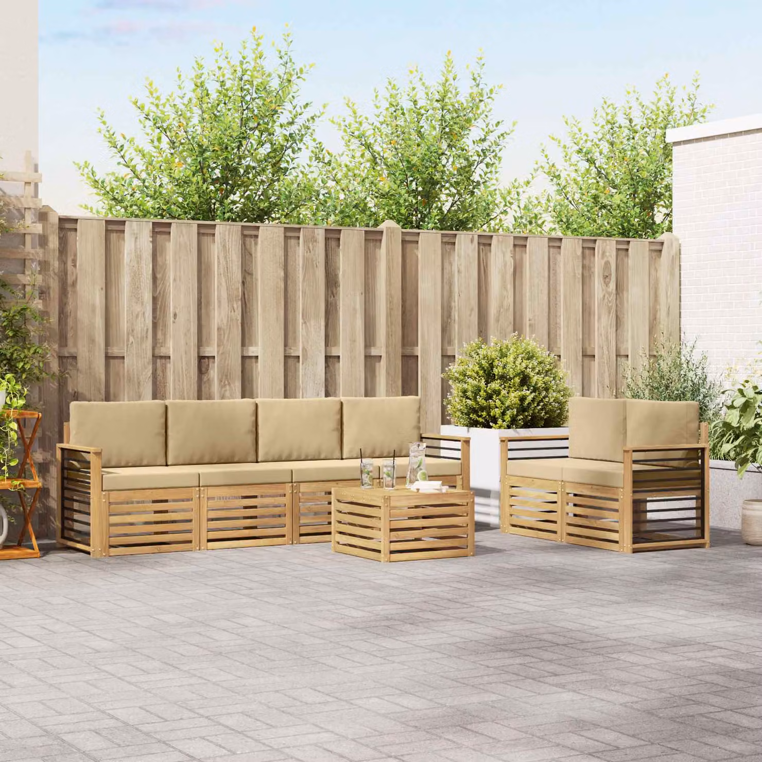 Set di divani da esterno vidaXL 7 pz in legno di acacia marrone e beige con cuscini imbottiti a forma di L