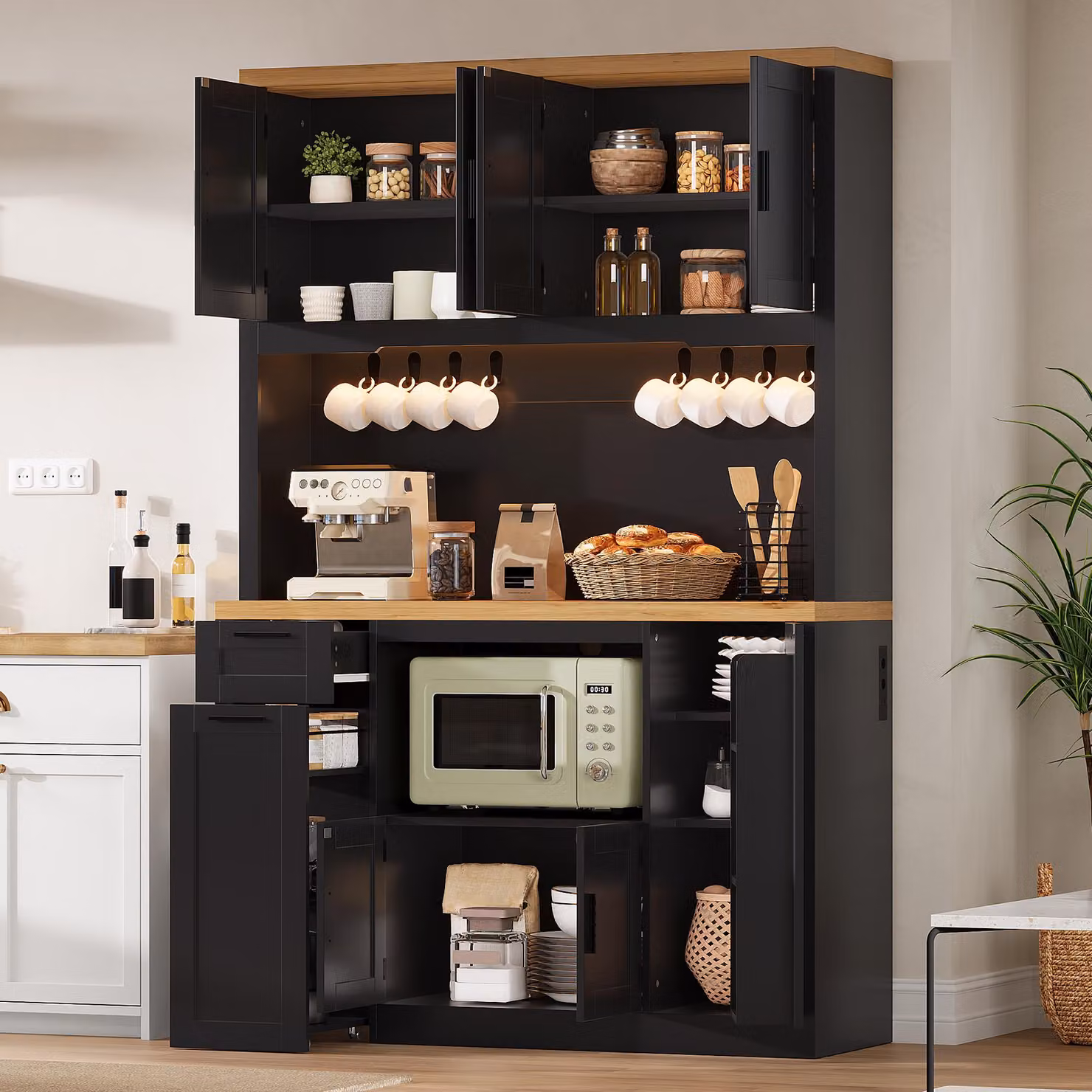 MODFU, mobiletto buffet/dispensa per cucina, armadietto alto da 182 cm, mobiletto contenitore con LED e prese di corrente, colore nero
