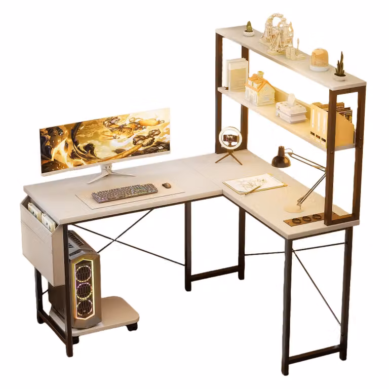 Scrivania da gioco a L AIORBER con illuminazione a LED, presa di corrente e USB, ampio ripiano, reversibile, 148 cm, bianco