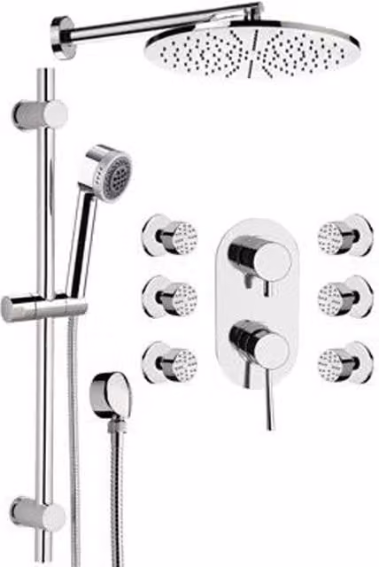 Set doccia a incasso Remer serie Minimal con soffione, saliscendi e miscelatore in ottone color argento cromato