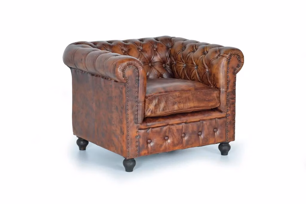 Poltrona Chesterfield tub in pelle naturale marrone Giner Y Colomer – 2