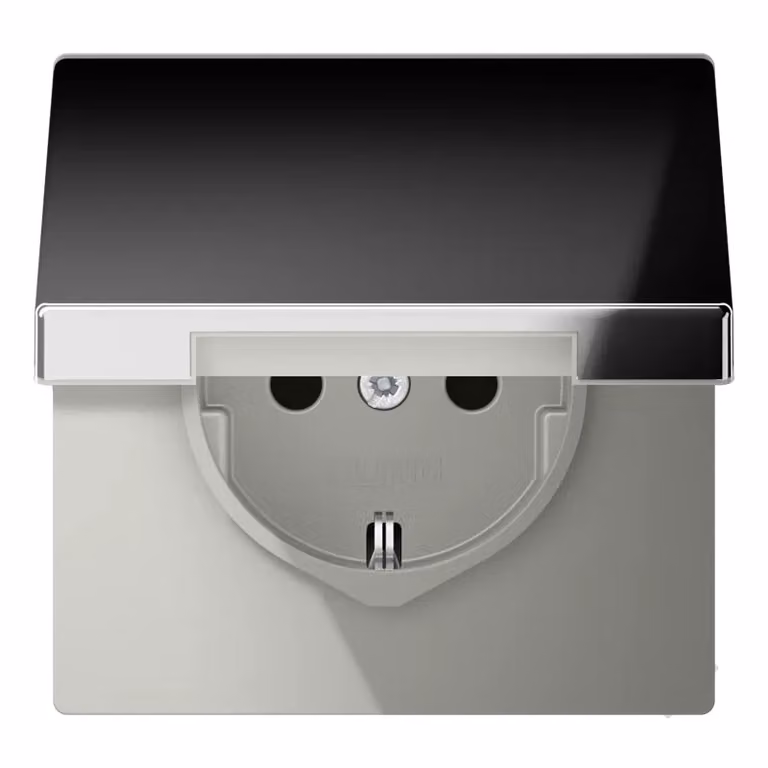 Presa Jung SCHUKO, 16 A 250 V ~, senza ganci, protezione tattile avanzata integrata, coperchio a cerniera, metallo cromato, serie LS, cromo lucido GCR1520KIKL