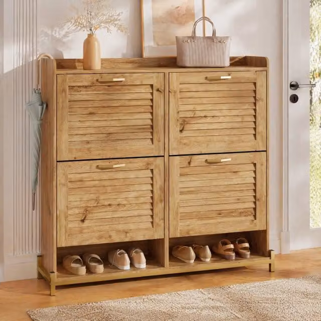 Scarpiera moderna Mivray con 4 ante in MDF e base in metallo colore marrone per ingresso L: 108.5 cm, P: 24 cm, H: 100 cm