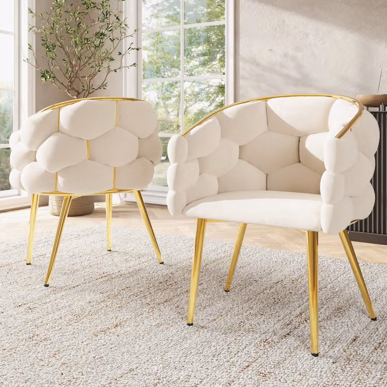 okwish Sedia da pranzo (2 pezzi), sedia da cucina, sedia imbottita, sedia per il soggiorno, gambe in ferro dorato, sedie beige