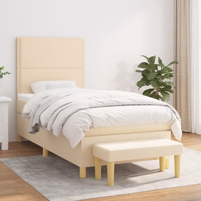 vidaXL Letto Ibrido con Giroletto a Molle e Materasso in Tessuto, Beige e Bianco, L/P/H: 90 x 200 x 128 cm