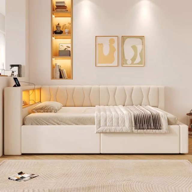 Letto contenitore 140x200 cm con sollevamento idraulico LED dimmerabile ripiani e USB; lino e MDF; grigio