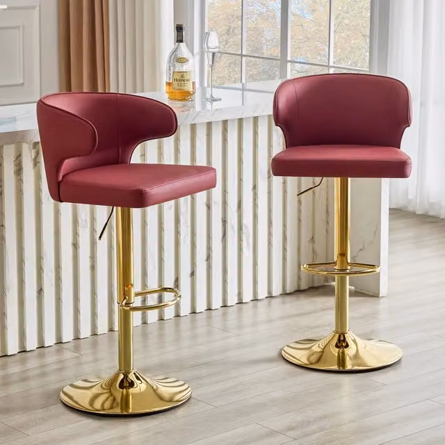 Sgabello da bar girevole REDOM regolabile con seduta in ecopelle rossa e base in metallo, Altezza: 85-110 cm