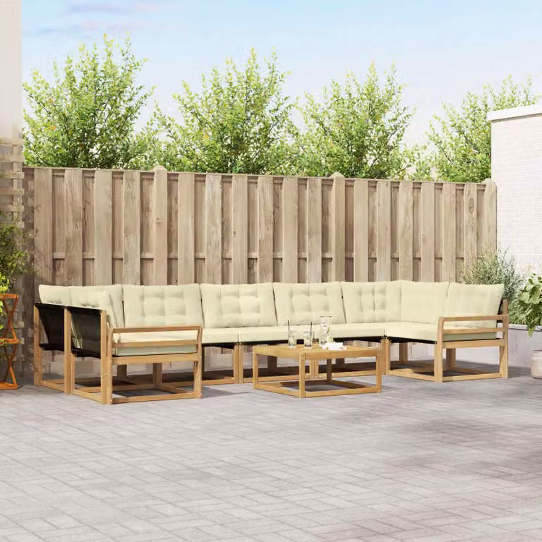 Set di divani da esterno vidaXL 8 pz in legno di acacia con tavolino e cuscini Bianco e Beige