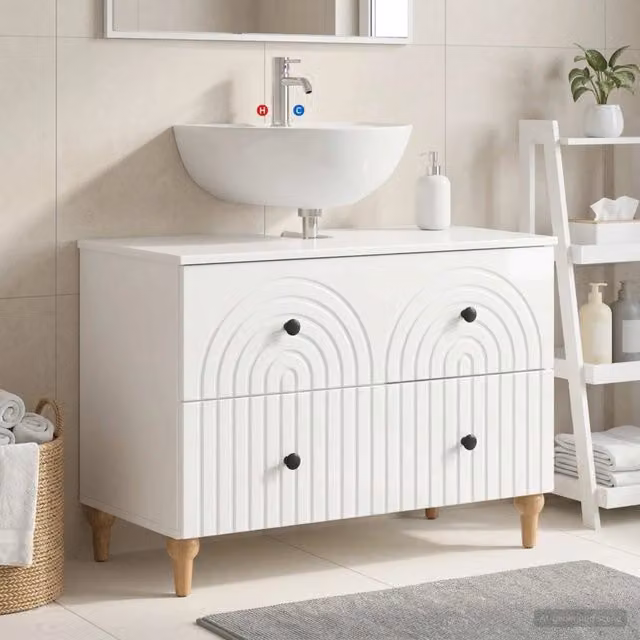 Armadio per lavabo da bagno moderno vidaXL bianco lucido con ante e cassetti