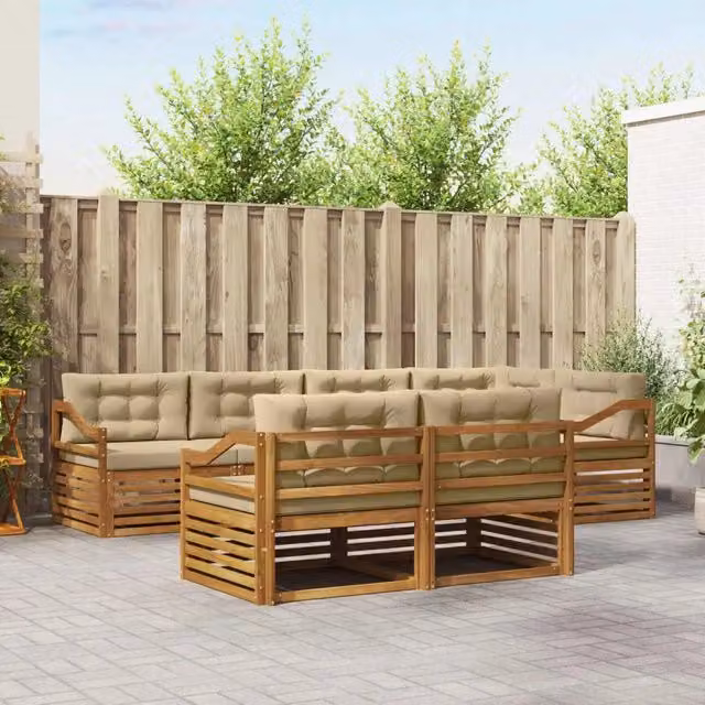 Set di divani da esterno a L vidaXL in legno di acacia con cuscini beige, 7 pezzi