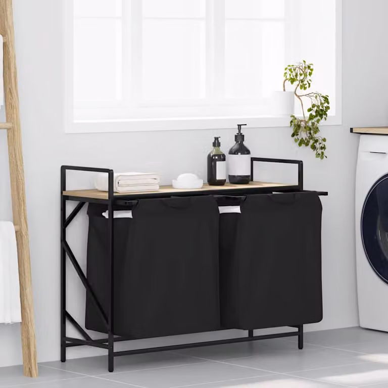vidaXL Cesto della Biancheria a 2 Scomparti con Ripiano, Nero e Marrone, L/P/H: 42,1 x 33,0 x 97,0 cm