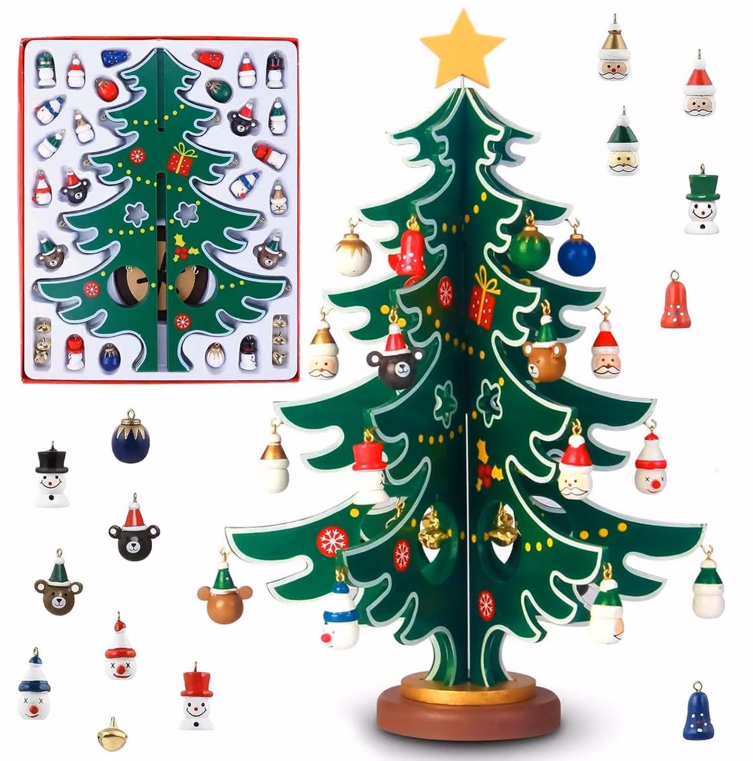 Albero di Natale in miniatura da realizzare, in legno 3D, con 30 decorazioni