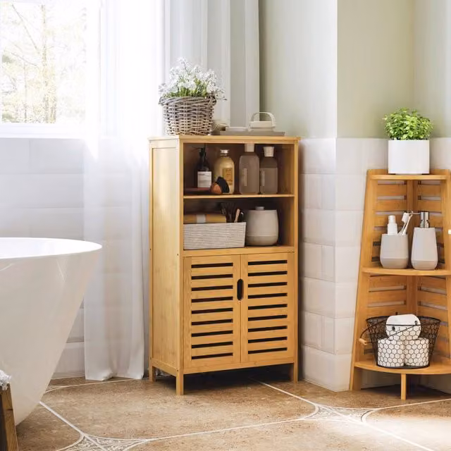 Mobile bagno REDOM in bambù naturale marrone con ripiani interni L: 50 cm, P: 29 cm, H: 92 cm – 1