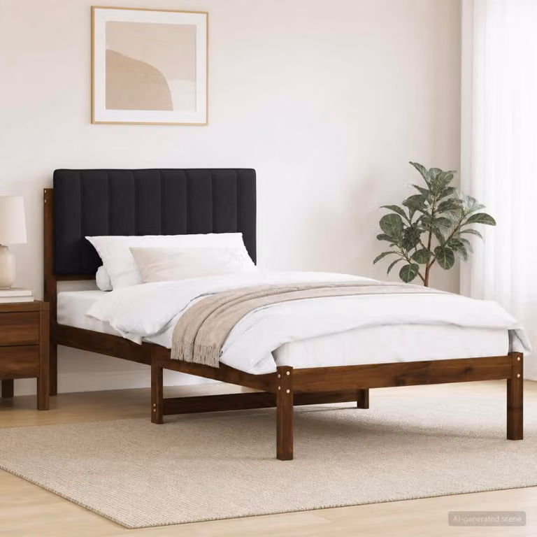 Letto con testiera rivestita vidaXL in legno di acacia marrone scuro e nero L: 140 cm x P: 196 cm x H: 81 cm
