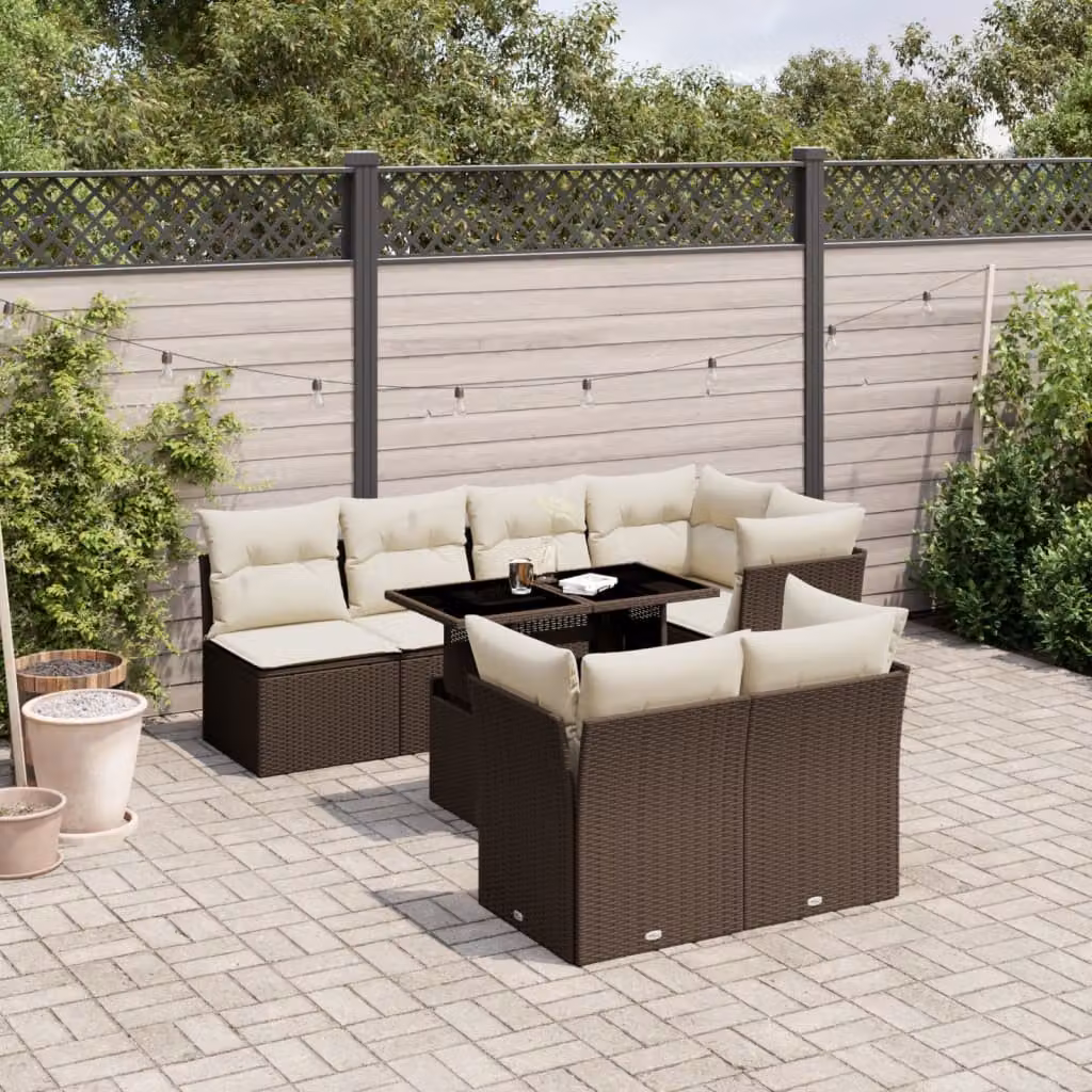 Set di Divani da Giardino vidaXL 8 Pezzi con Cuscini Marrone e Bianco in Polyrattan e Acciaio con Tavolino da Caffè – 1