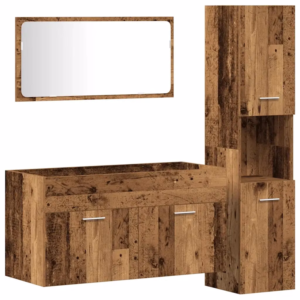 Set Mobili da Bagno 3 Pezzi vidaXL in Legno Antico Marrone con Mobile Lavabo, Armadietto Specchio e Colonna – 2