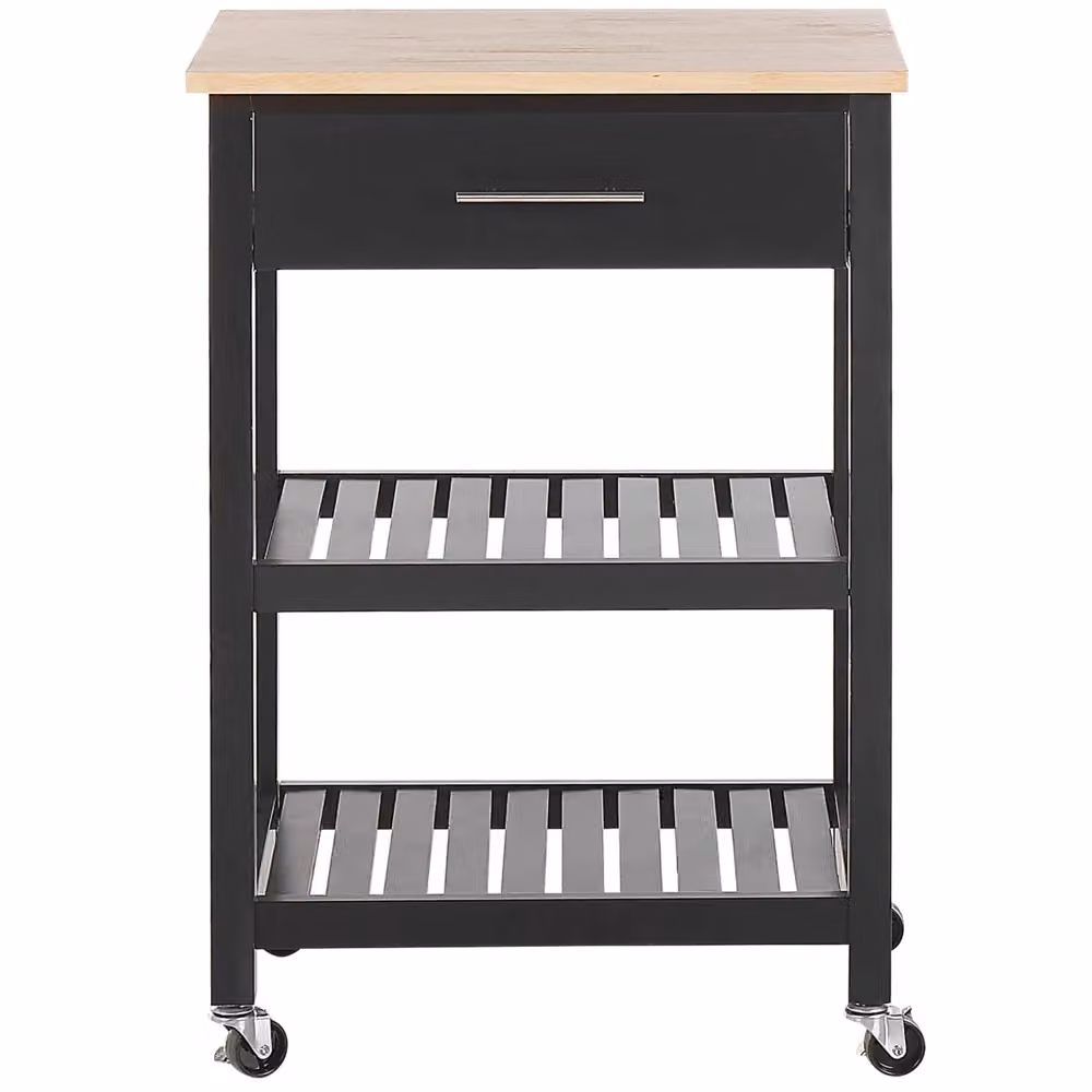 Carrello da cucina BELIANI in legno di gomma e MDF Nero con 2 ripiani, cassetto e ruote, L: 58 cm, P: 40 cm, H: 85 cm – 2