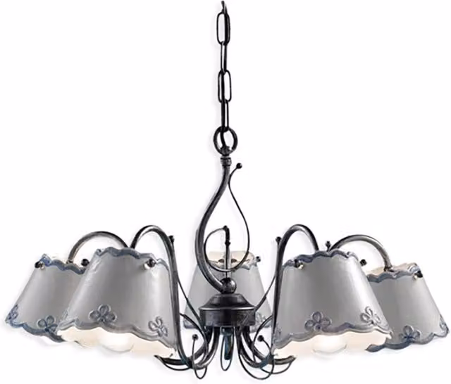 Lampadario a sospensione classico Ravenna Ferroluce in metallo e ceramica nero sfumato argento con 5 luci E14