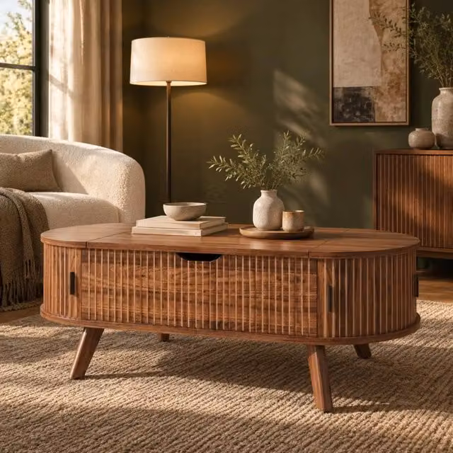 Desviae Tavolino basso ovale con piano sollevabile idraulico e ante scorrevoli in MDF color noce 110 × 50 × 53,5 cm
