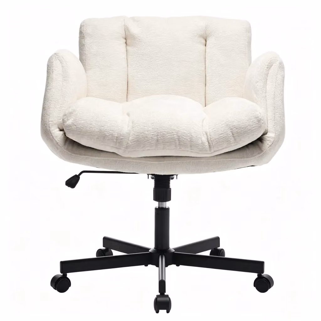 Sedia da ufficio girevole moderna in ciniglia beige e bianca con braccioli e ruote regolabile in altezza – 2