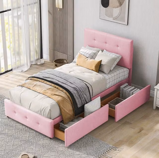 Letto imbottito singolo 90x200 cm rosa con rete a doghe e cassetto