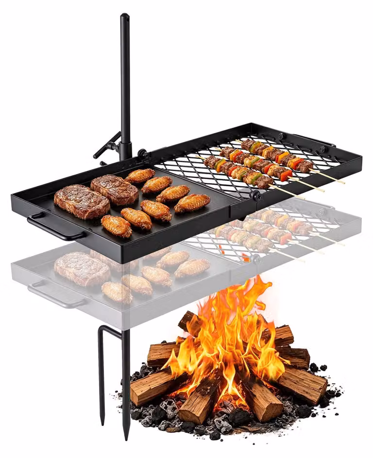 Griglia per falò girevole - Griglia da campeggio girevole con griglia di cottura da 61 cm - Regolabile in altezza e rotante a 360° - Acciaio al carbonio - Con supporto per griglia - Adatta per fuoco aperto - Colore nero