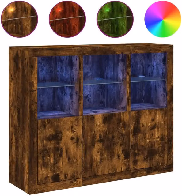 Credenze con Luci LED 3 pz | Madia | Buffet da pranzo | Armadio da pranzo Rovere Fumo in Legno Multistrato