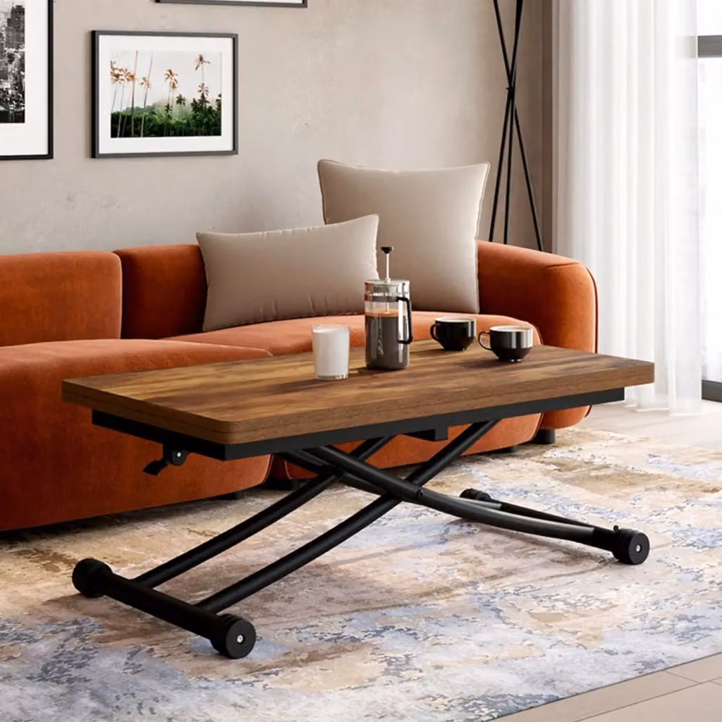 IDMarket Tavolino 2 in 1 URBANA trasformabile in tavolo da pranzo rettangolare con meccanismo a sollevamento e ruote, design industriale, marrone e nero – 2