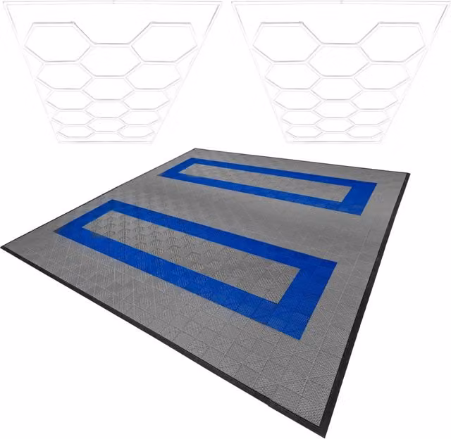 Set di Piastrelle Ventilate per Garage e Luci LED Esagonali Monster Shop, Colore Grigio e Blu con Bordi