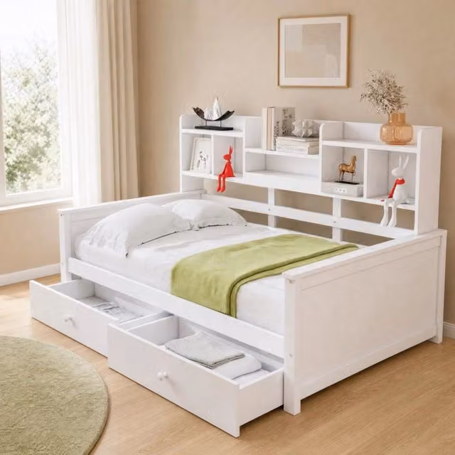 Divano letto Mivray bianco con due cassetti e rete a doghe in legno