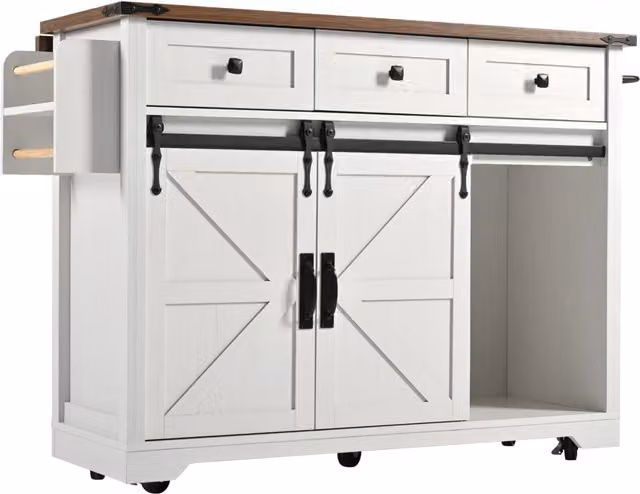 Isola da cucina con piano ribaltabile e carrello portavivande su ruote, beige, con 2 ante scorrevoli e 3 cassetti, L/P/H: 140 x 45 x 73-94 cm – 1
