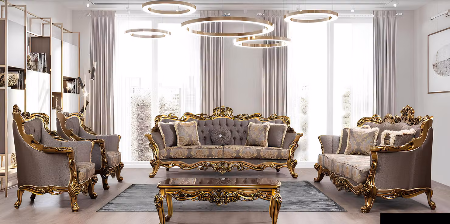 Sofagarnitur 3+1+1 Sitzer Luxus Garnitur Set Sofa Sofas Sessel Stoff Barock Grau