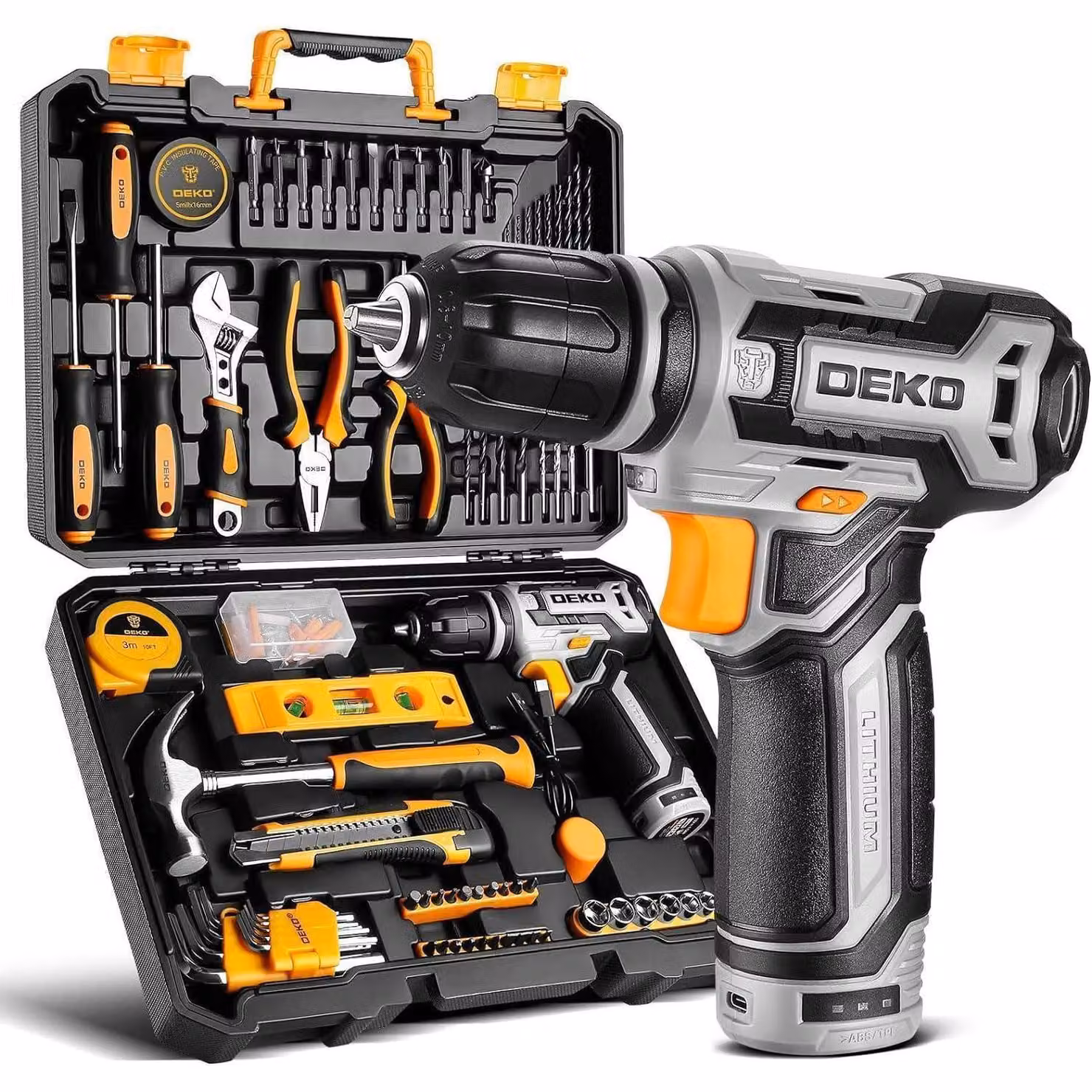 Valigetta utensili completa, 133 pezzi, con avvitatore a batteria da 12V, ideale per uso domestico e fai-da-te. Colore: grigio