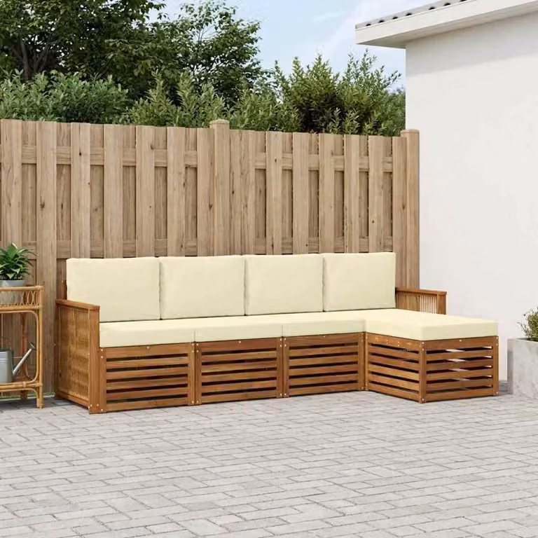 Set di divani da esterno vidaXL a forma di L in legno di acacia con pouf e cuscini, colore beige e marrone