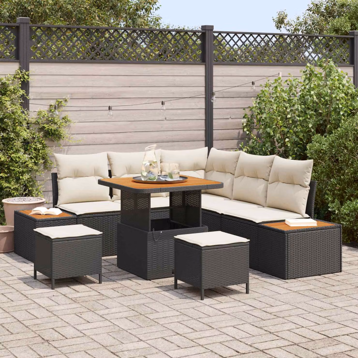 Set Divano da Giardino vidaXL 8 Pezzi con Cuscini Nero e Beige in Metallo e Tessuto – 1