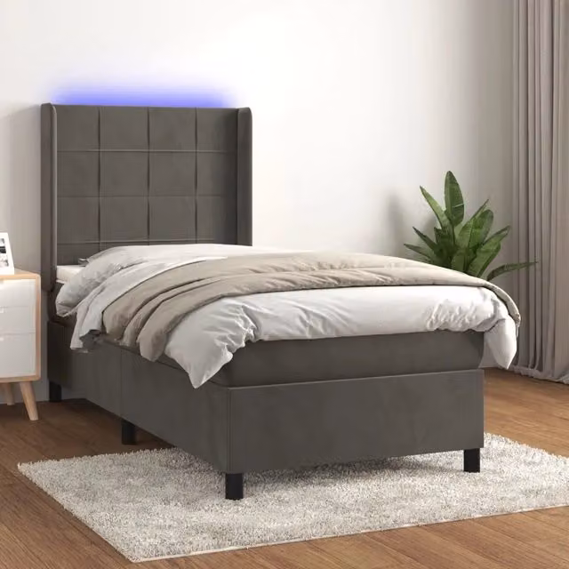 Letto Ibrido con Materasso a Molle Insacchettate e LED vidaXL in Velluto Grigio L/P: 90 x 200 cm – 1