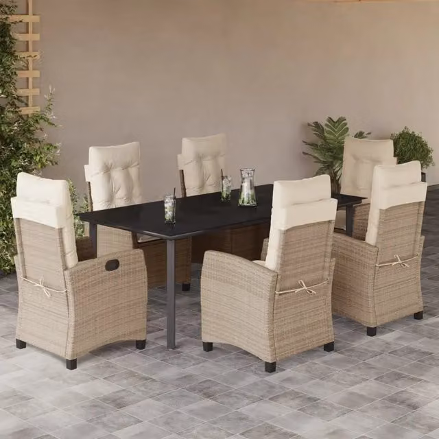 Set da pranzo da giardino vidaXL in polyrattan con tavolo in vetro e 7 pezzi con cuscini beige – 1