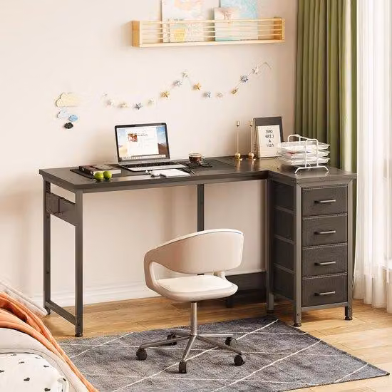 Ibenzoa® Scrivania angolare a forma di L, 120 x 70 cm – salvaspazio, con 4 cassetti rivestiti in tessuto, montabile sia a sinistra che a destra, ideale per l'ufficio domestico e l'ufficio