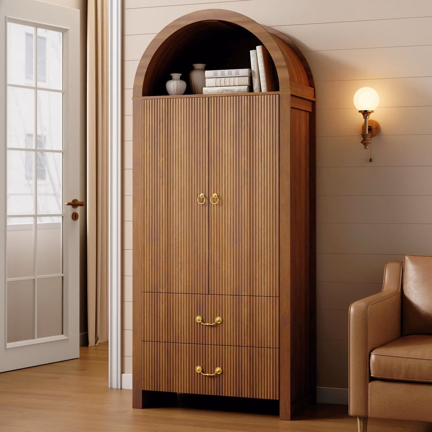 Mobiletto a giorno con ante a battente, illuminazione LED dimmerabile controllata tramite app, due ante, due cassetti, mobile contenitore, credenza da cucina, finitura noce